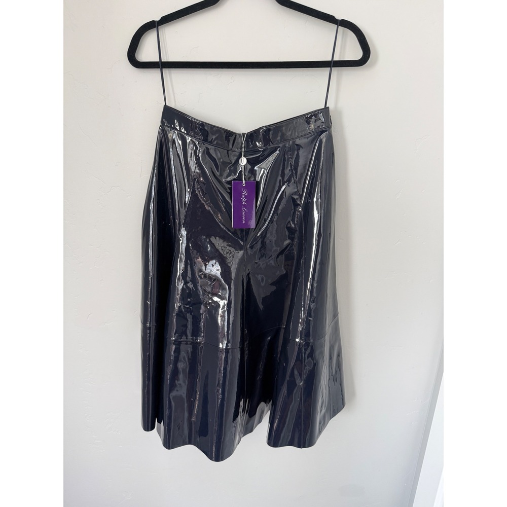 Ralph Lauren Purple Label Navy Patent Leather A-Line Midi Skirt Italy Womens 6